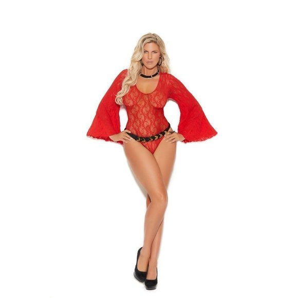 QUEEN Size - Red Deep V Lace Teddy with Bell Sleeves and Keyhole Back - Picture 1 of 3